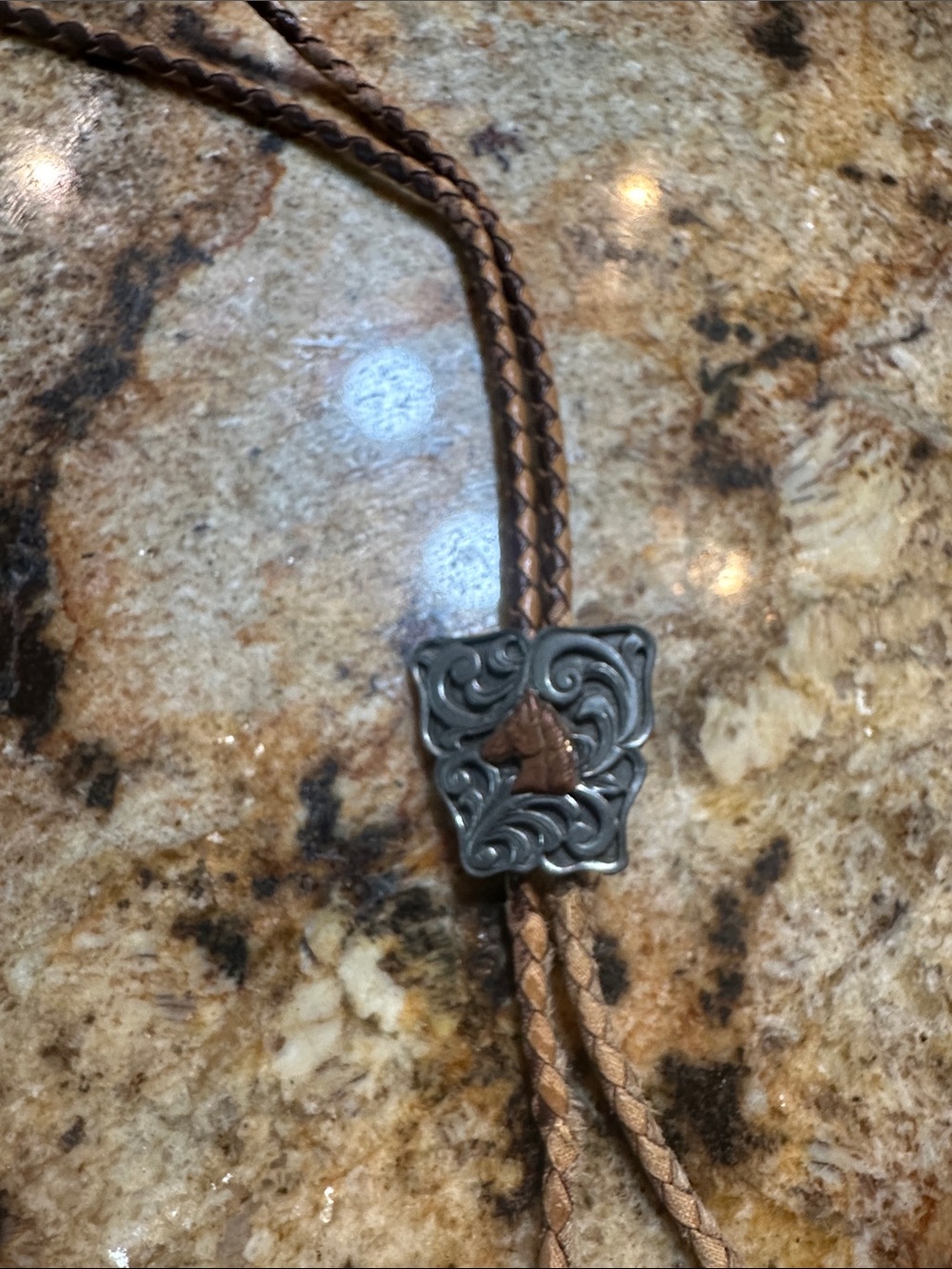 Source Unknown Brown and Silver Western Horsehead Bolo Tie